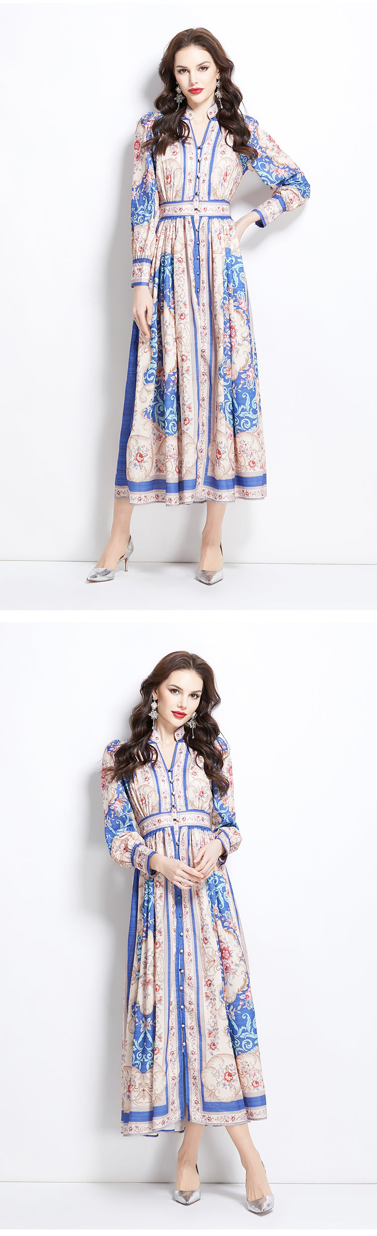 Original Design Spring/Summer Classical Palace Style Printed Bouquet Waist Single breasted Long Dress