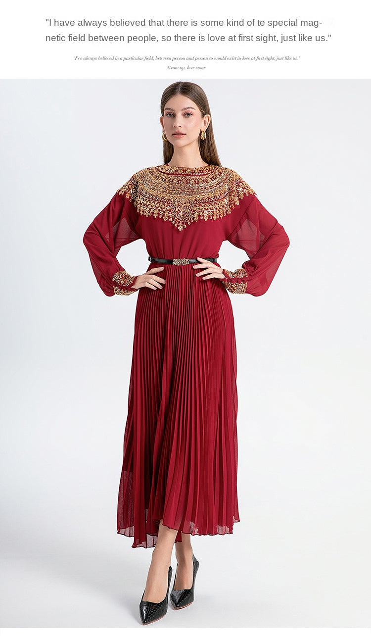 Original design premium pleated belt with gold beaded sequins draped over a chiffon pleated jumpsuit