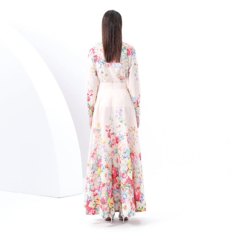 Original Design Spring/Summer Retro Style Stand up Collar High Waist Wave Edge Printed Dress Set, Two Piece