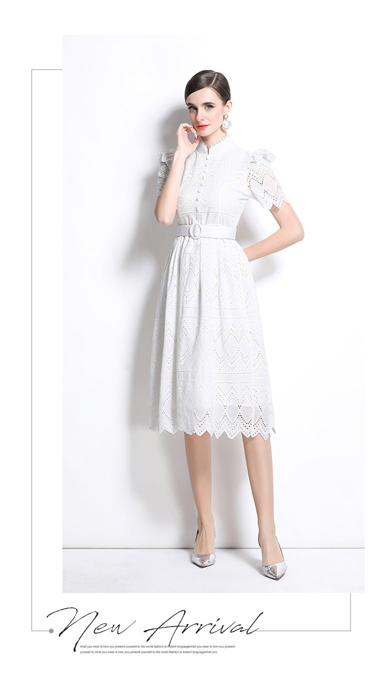 Original design elegant patchwork waist cinching short sleeved dress