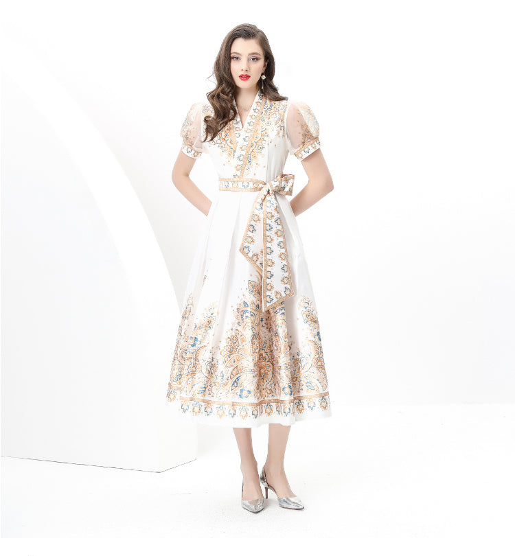 Spring/summer wrap tie style V-neck balloon sleeve long vintage print dress
