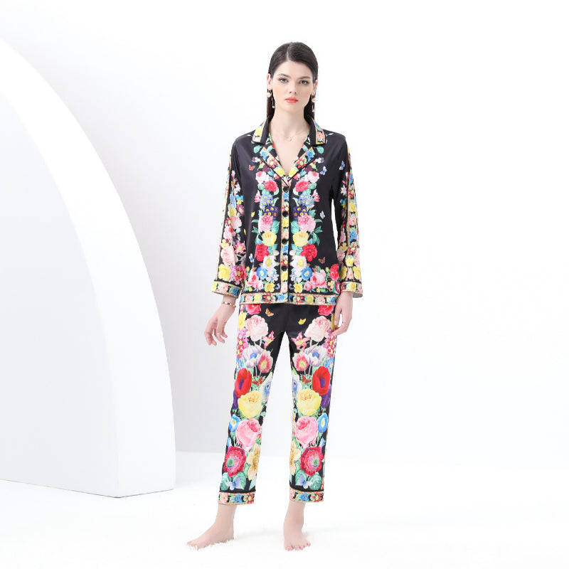 Original design spring/summer-autumn - casual trim pajama suit set with a suit collar long sleeves trousers print 2-piece set