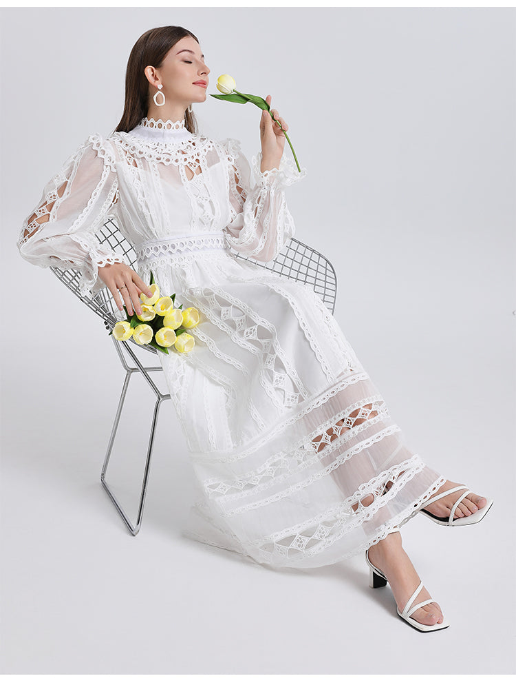 Art cut-out embroidered solid color French maxi skirt waist temperament women's dress