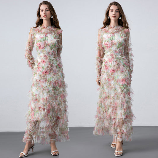 Original design boutique heavy industry romantic fairy temperament printed fungus edge French dress