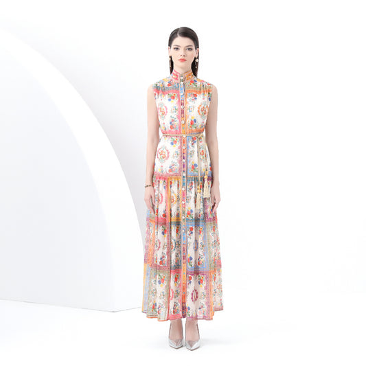 Original design: Spring, Summer, Autumn, vintage style, stand collar, sleeveless, wavy edge, long printed dress 2-piece set