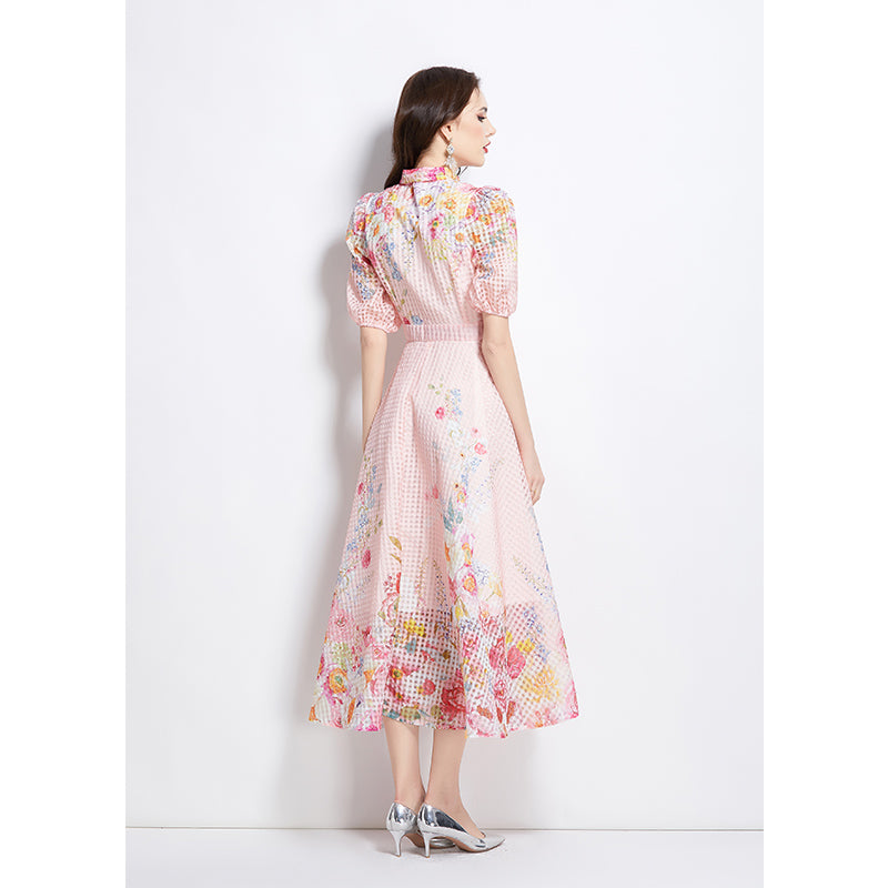Original Design Spring/Summer Vacation New Oil Painting Flower Bubble Sleeve Medium length Dress