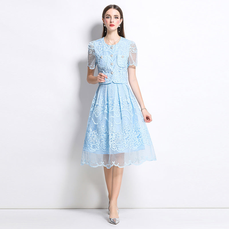 Original design for spring and summer small fragrance style set light luxury and high-end water-soluble lace skirt two-piece set
