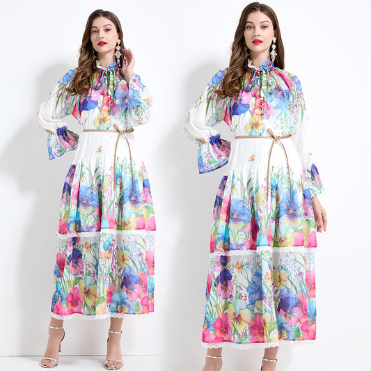 Original design - spring and summer fake lace cake skirt floral print waist ruffle skirt