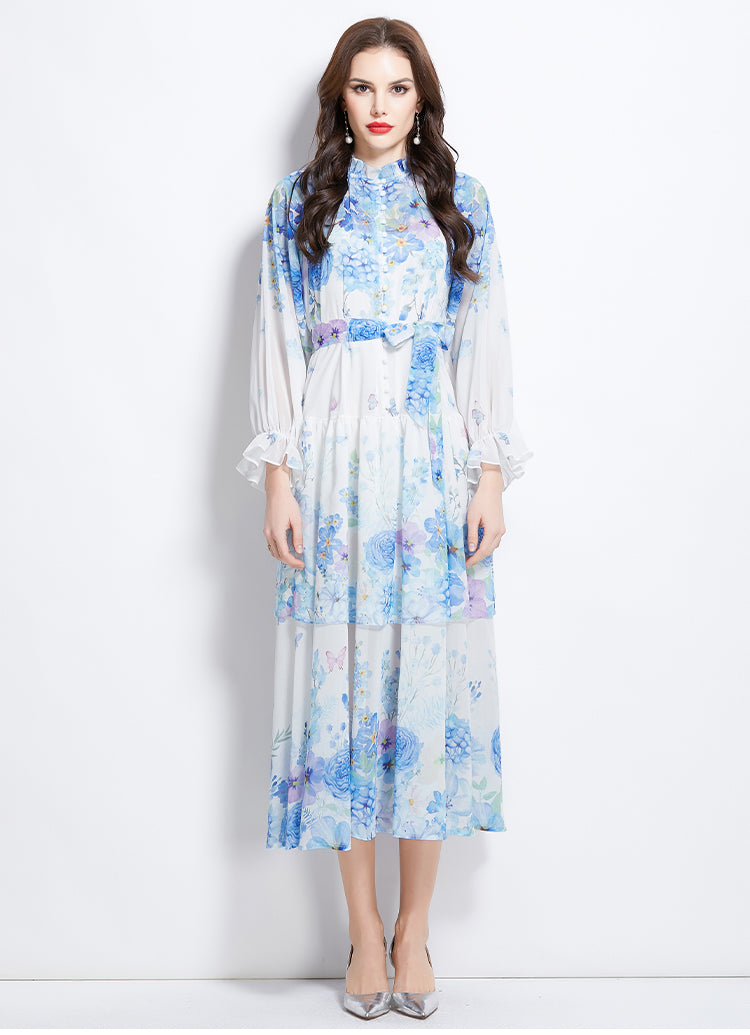 Original design summer/spring/autumn vacation long sleeved ruffled hem waist cinched black fungus collar cake dress