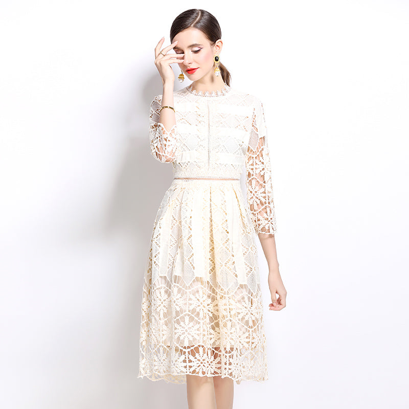 Original design mid long sleeved slimming hollow out water-soluble lace positioning printed mid length dress for spring, summer, autumn vacation