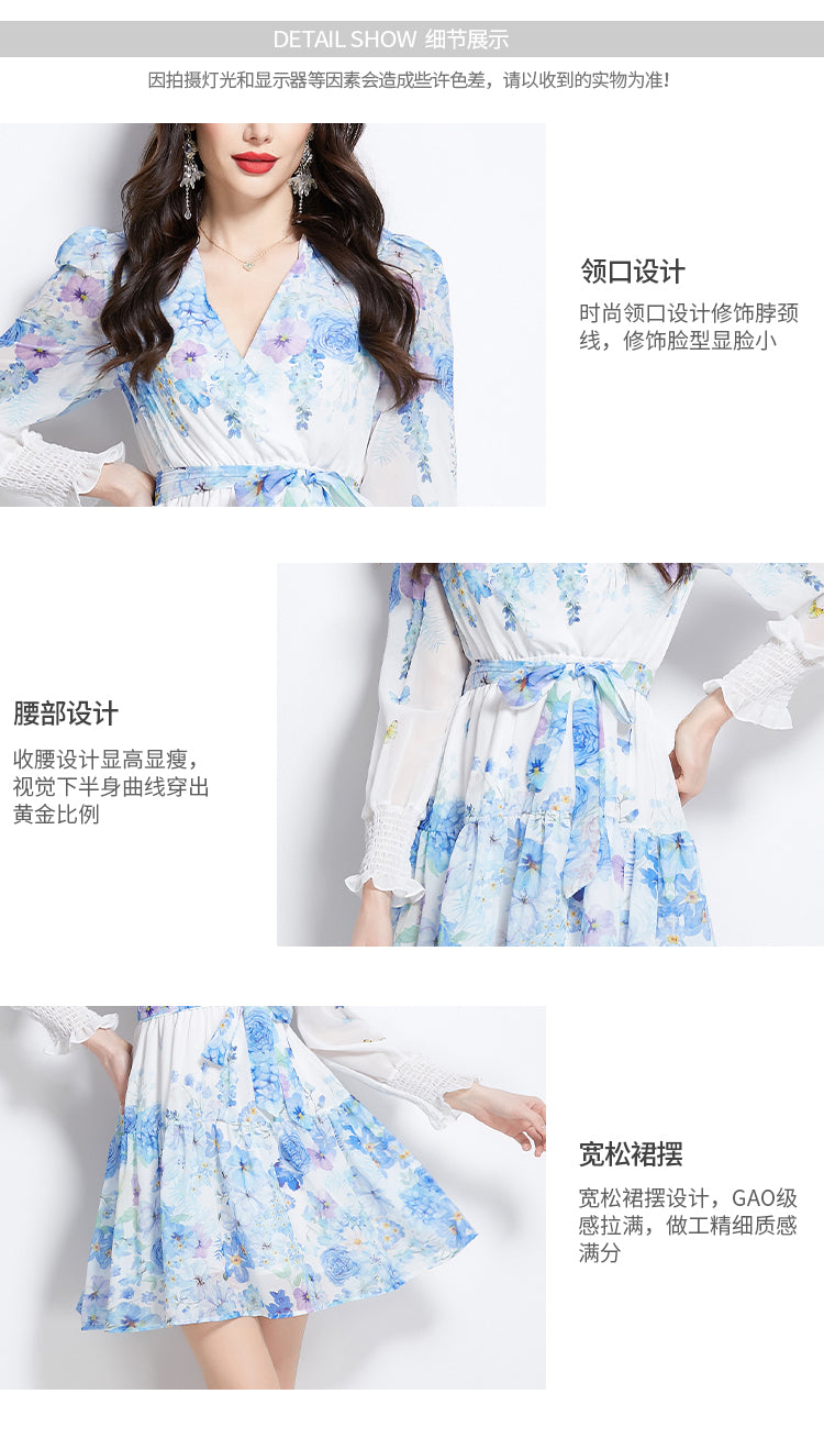 Original Design Spring/Summer Vacation New Flower Oil Painting Style V-neck Short Dress