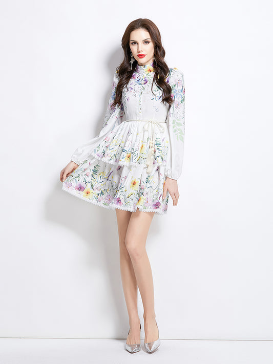 Original Design Spring/Summer/Autumn Vacation Long Sleeve Floral Colorful Waist Collar Cake Dress