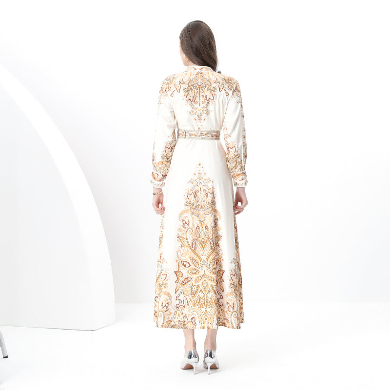 Original design: Spring, Summer, Autumn, resort style, vintage stand-up collar, single-breasted, lace panel, printed wide hem maxi dress