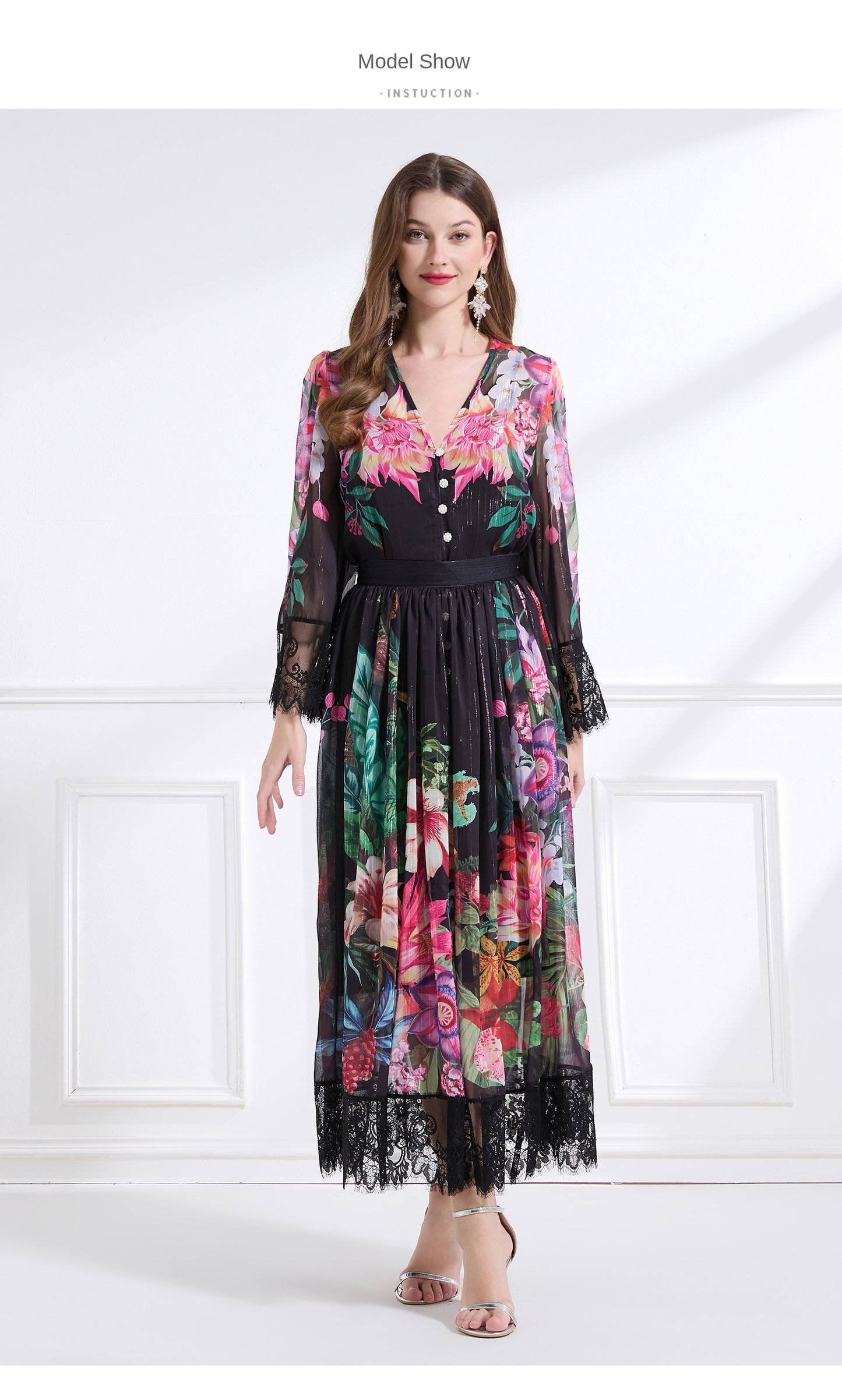 Original design Spring/summer resort V-neck lace print suit with waist ruffle maxi dress