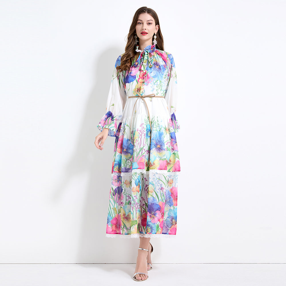Original design - spring and summer fake lace cake skirt floral print waist ruffle skirt