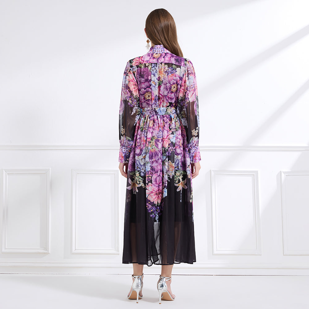 Original design - stand collar, watercolor, floral print, balloon sleeves, cinched waist, large skirt, ruffled skirt
