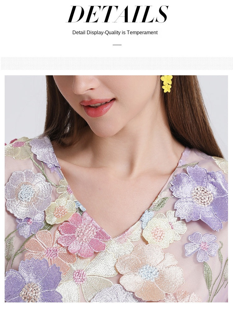 Art embroidery boutique handmade color stringing V-neck puff sleeve hip dress