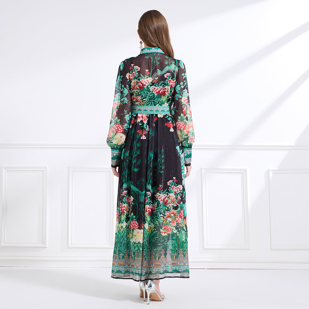 Original design - Spring/Summer, Autumn chiffon shirt collar print, long sleeves, cinched waist, ruffled maxi skirt