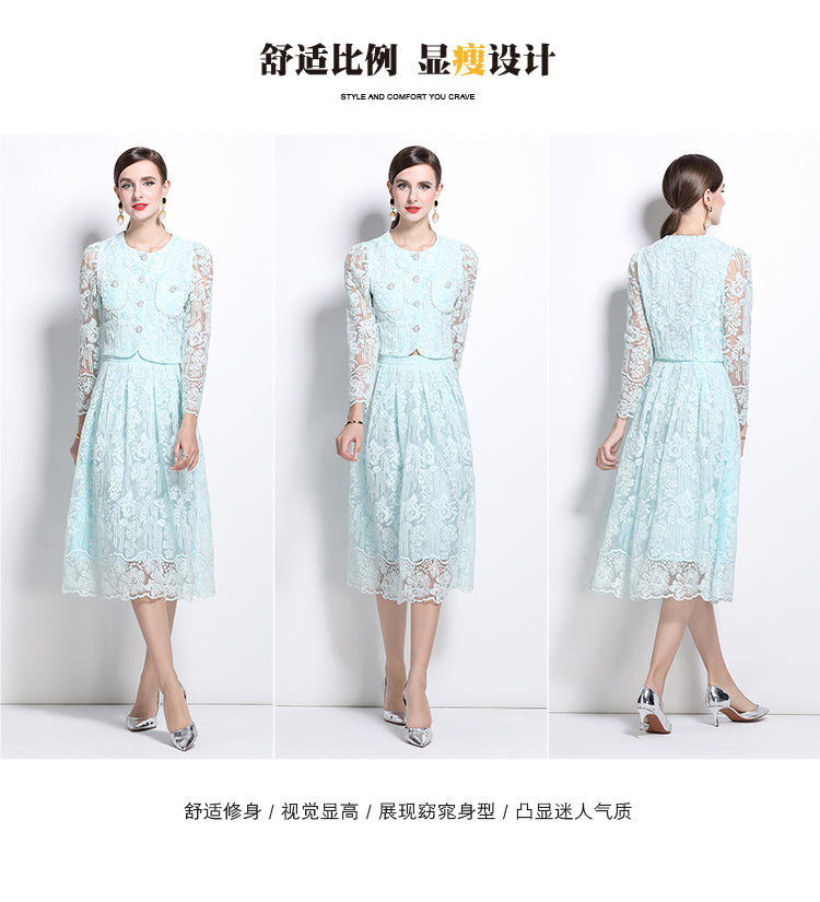 Original design for spring and summer long sleeved small fragrance style set light luxury temperament water-soluble lace skirt two-piece set