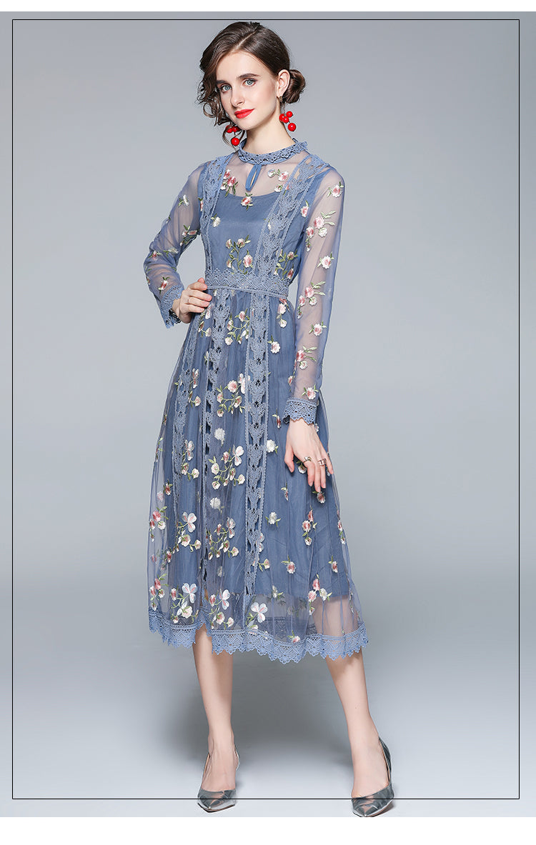 Original Design Heavy Industry Fine Embroidery Mesh French Long Style Super Fairy Sweet Dress