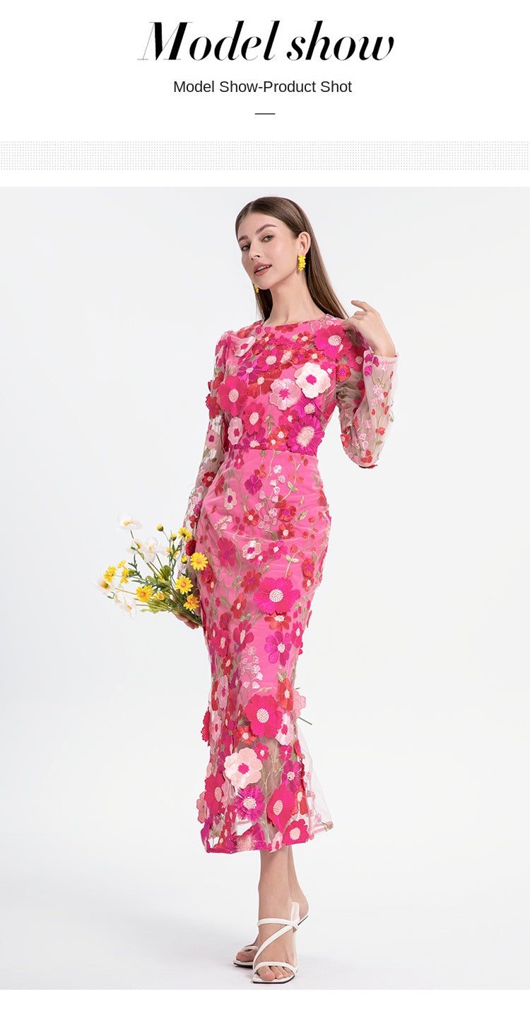 Fine art boutique color embroidery handmade three-dimensional flower slim mermaid skirt temperament women's dress