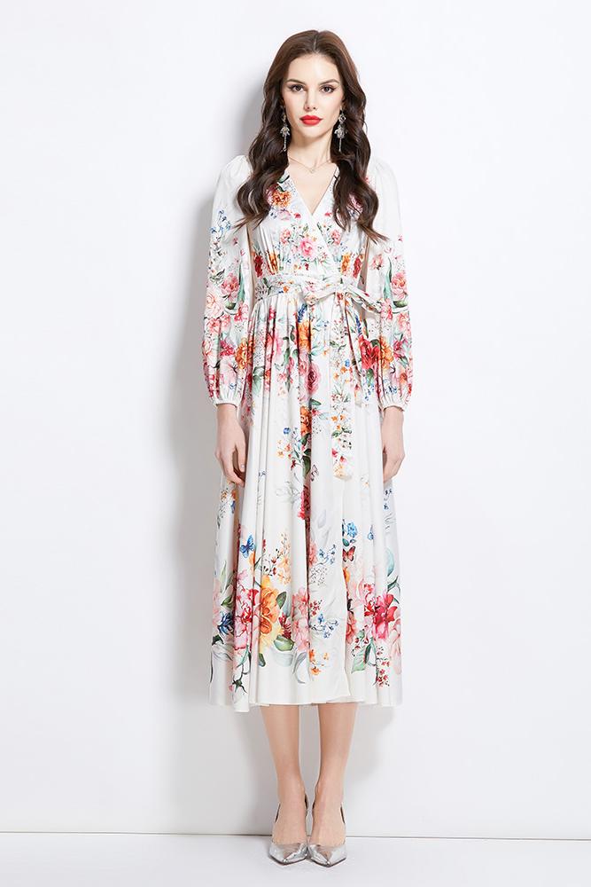 Original Design Spring/Summer Oil Painting Flower Pattern Wrapped Mid length Dress