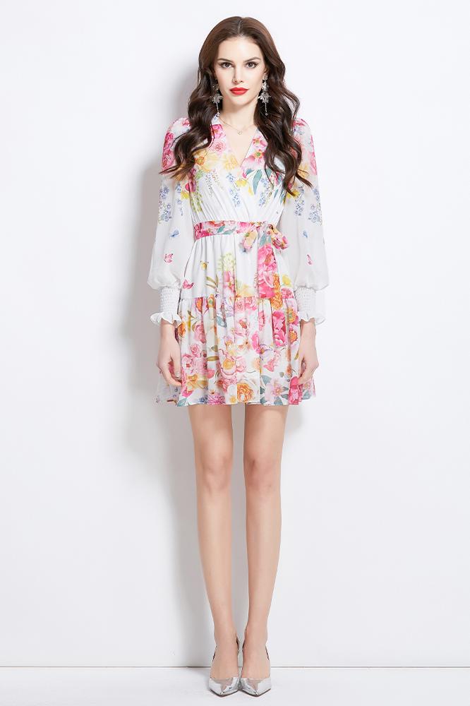 Original Design Spring/Summer Vacation New Flower Oil Painting Style V-neck Short Dress