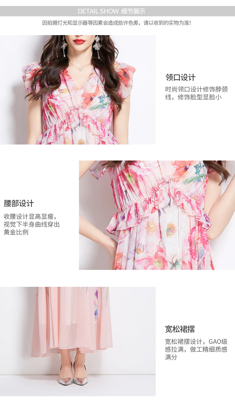 Original Design Spring/Summer Retro Flower Little Fly Sleeve Long Dress