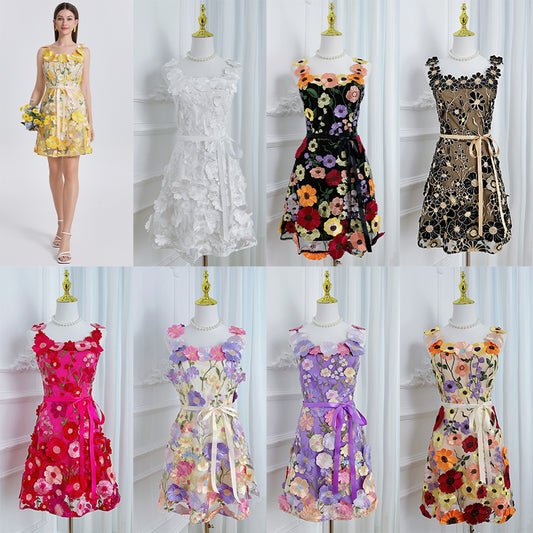 Art embroidery boutique color three-dimensional hand-ordered adjustment tie slip dress