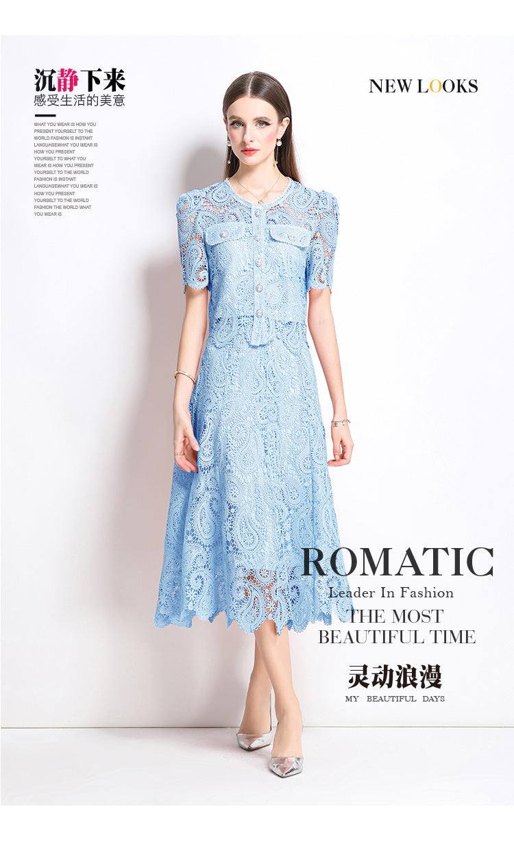 Original design for spring and summer small fragrance style set light luxury and high-end water-soluble lace skirt two-piece set
