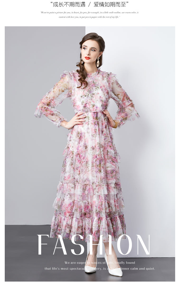 Original design graphic women's French purple and red flower print elegant temperament dress