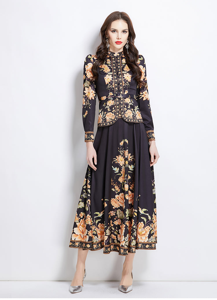 Original design for spring and summer ethnic style shirt top, mid length skirt set