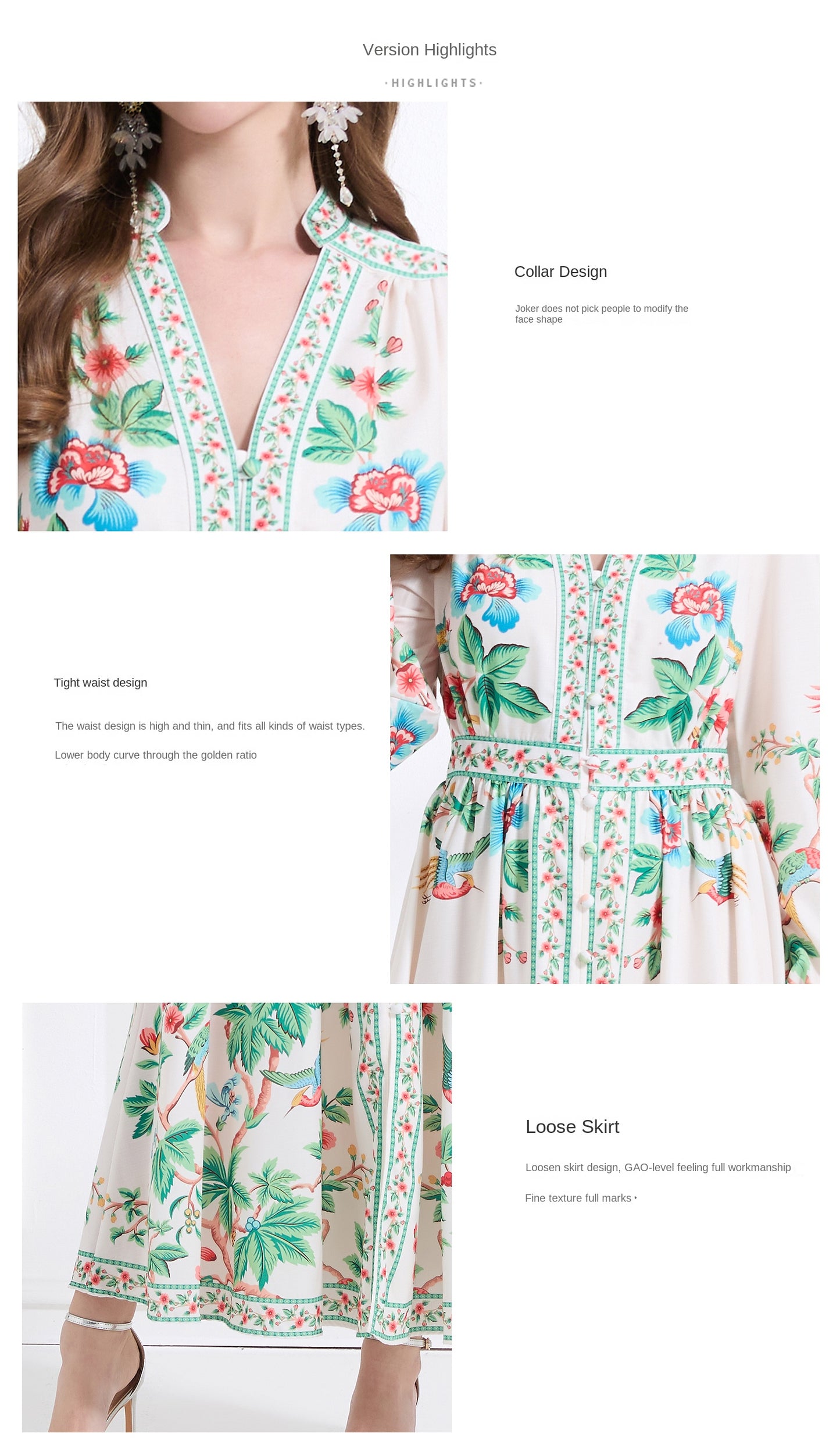 Original design Spring/summer resort-style V-neck, linen, floral, printed, balloon-sleeved, waist-cinching, ruffled maxi skirt