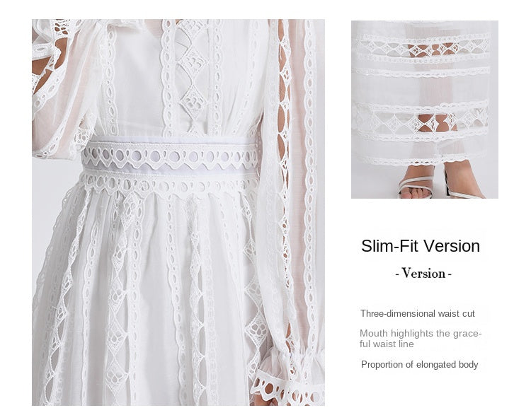Art cut-out embroidered solid color French maxi skirt waist temperament women's dress