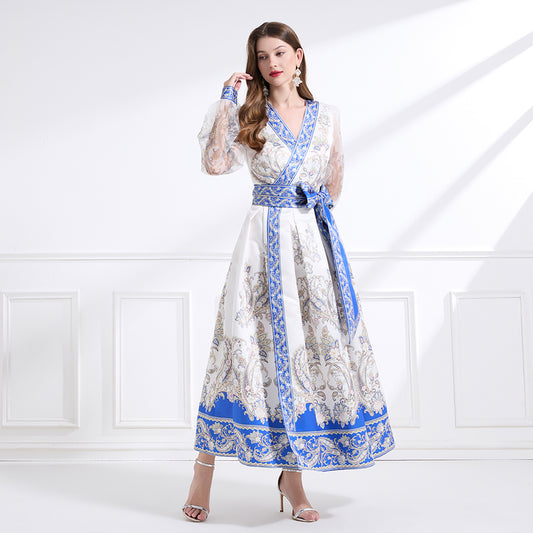 Original design - spring and summer resort style lace patchwork print waist maxi skirt ruffle dress