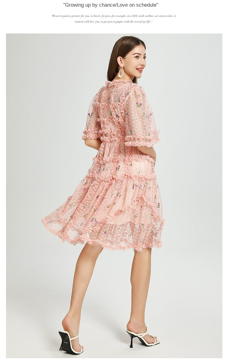 Artwork French romantic boutique custom gauze small floral embroidery short vintage cake dress