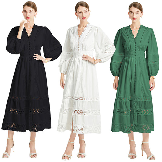 Original design fashionable temperament V-neck patchwork lace hollow out design sense long sleeved waist cinching dress