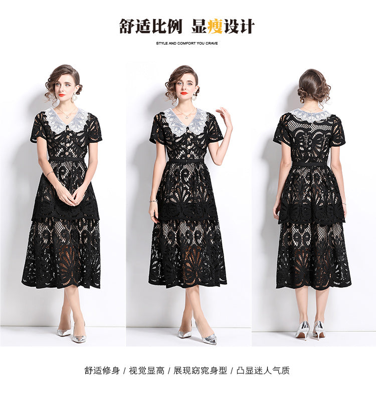 Original Design: Spring and Summer High End Water soluble Embroidered Medium length Skirt with V-neck and Waist cinching to Look Thin Dress