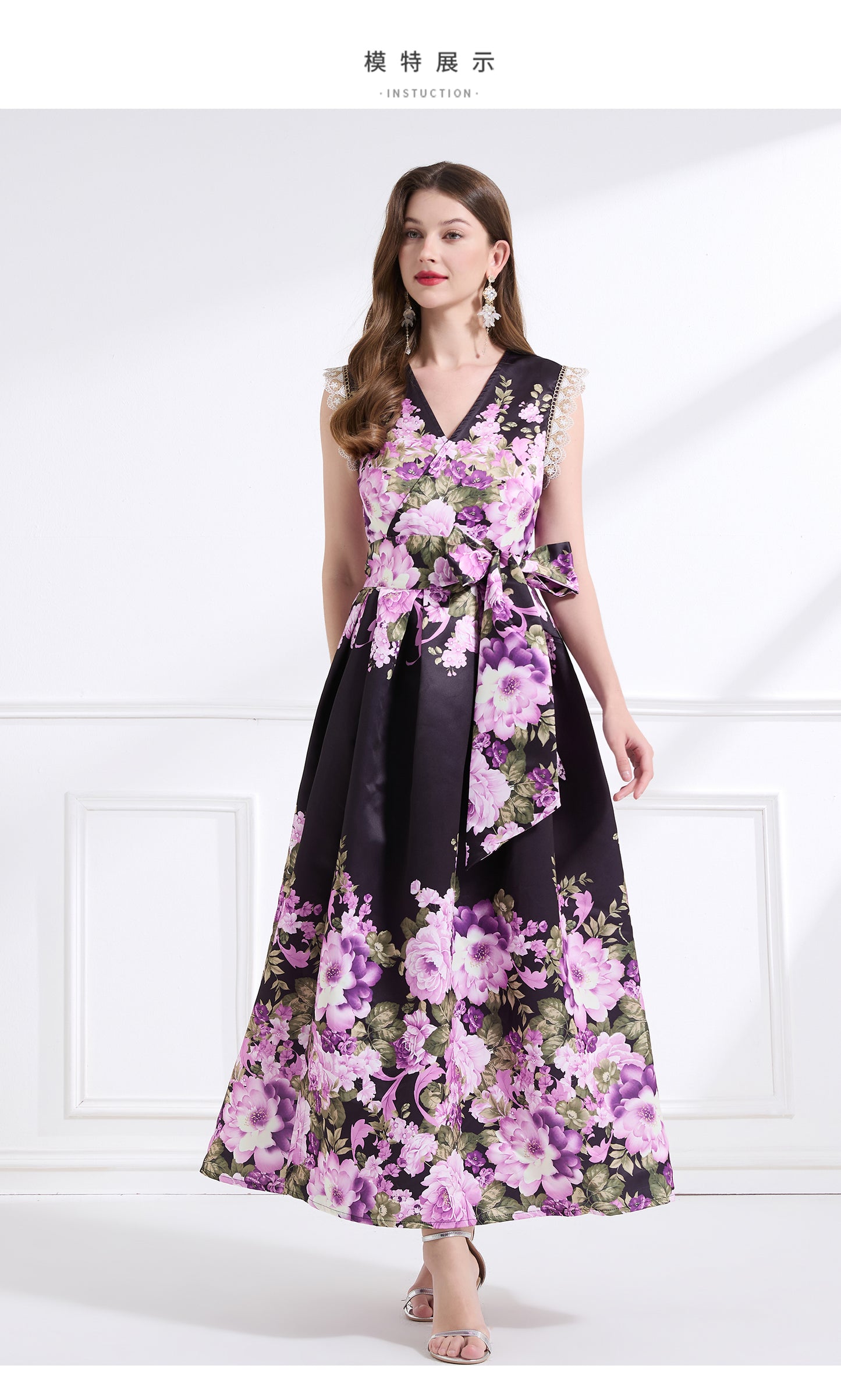 Original design - spring, summer and autumn fake wind, small flying sleeves, flower fairy print, seaside waist ruffle tie long skirt