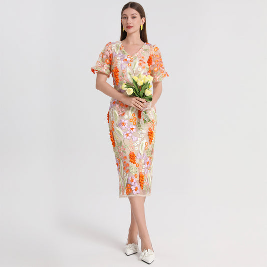 Artwork boutique handmade three-dimensional wheat ear embroidered French temperament dress