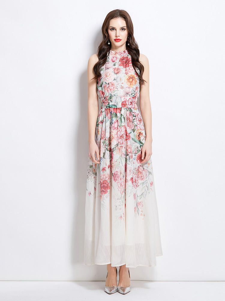 Original Design Spring/Summer Vacation New Oil Painting Flower Printed Hanging Neck Long Dress