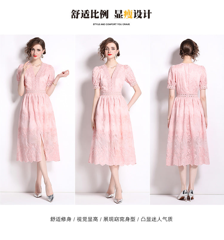 Original Design: Spring/Summer Embroidered V-neck Dress with Lace and Lace Charm Slimming Skirt