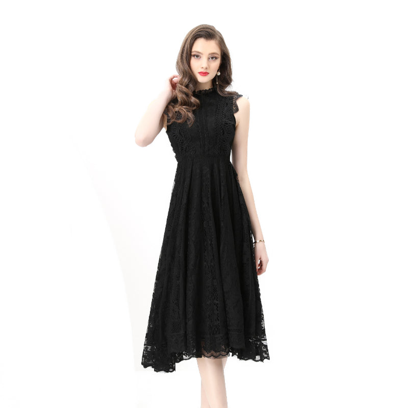 Original design: Spring, Summer, Autumn, Vacation, round neck, smocked style, lace, sleeveless, lace, long vintage dress