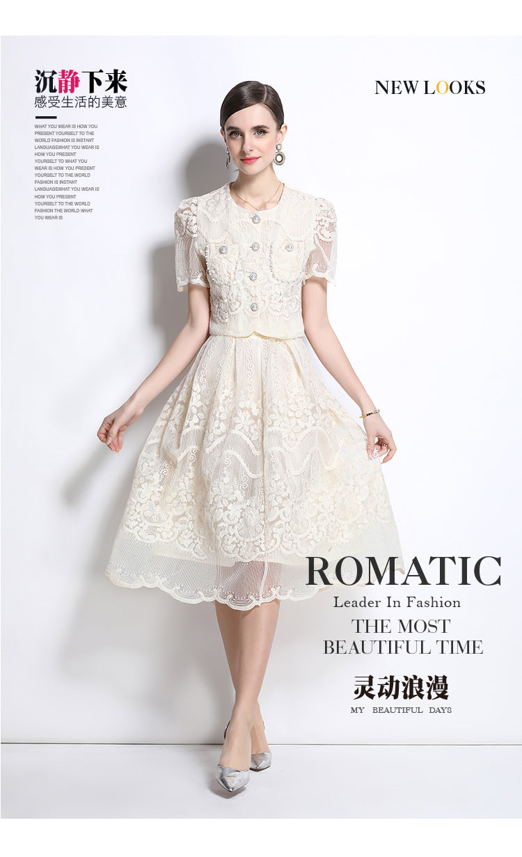 Original design for spring and summer small fragrance style set light luxury and high-end water-soluble lace skirt two-piece set