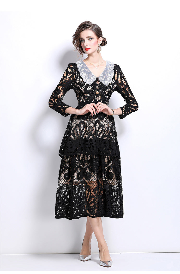 Original Design: Spring and Summer High End Water soluble Embroidered Medium length Skirt with V-neck and Waist cinching to Look Thin Dress