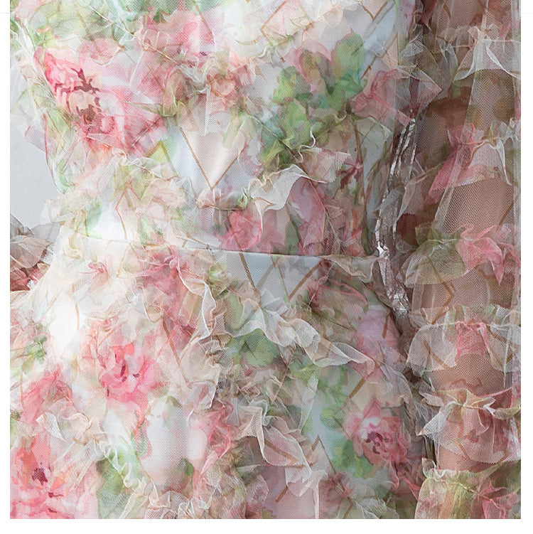 Original design boutique heavy industry romantic fairy temperament printed fungus edge French dress