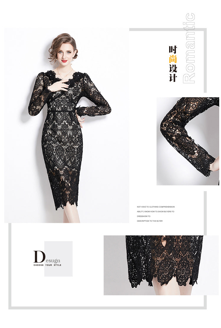Original design for spring and summer water-soluble lace V-neck slim fit mid length dress for women
