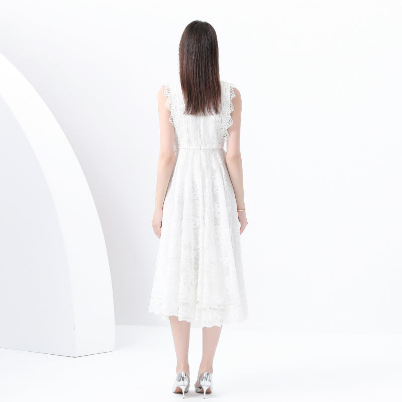 Original design: Spring, Summer, Autumn, Vacation, round neck, smocked style, lace, sleeveless, lace, long vintage dress