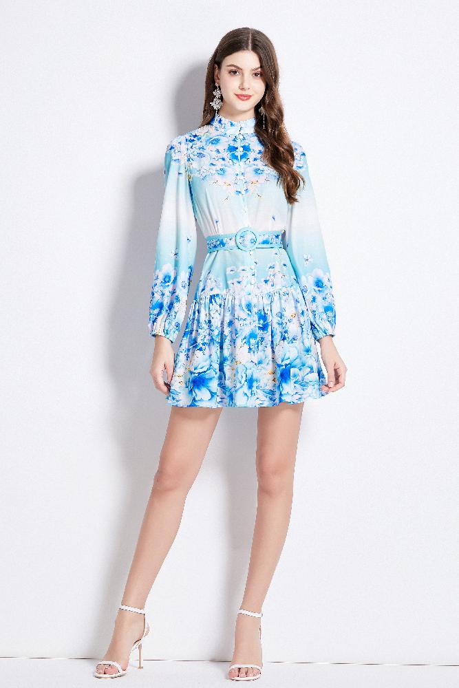 Original Design Spring/Summer Autumn Vacation New Flower Oil Painting Style Stand up Collar Long Dress