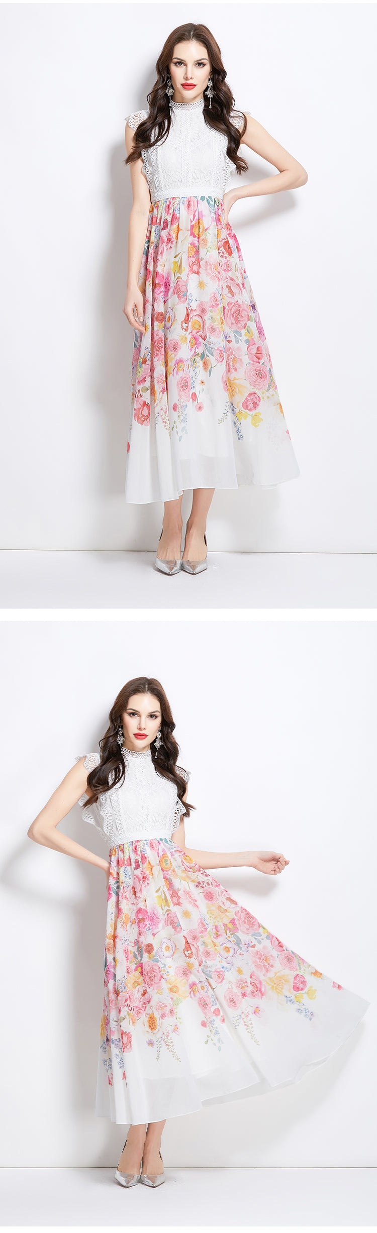 Original Design Spring/Summer/Autumn Vacation New Colorful Oil Painting Style Lace Splicing Long Dress